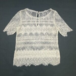Theory Lace Top Womens XXS White Sheer Short Sleeve Keyhole Scalloped Layering